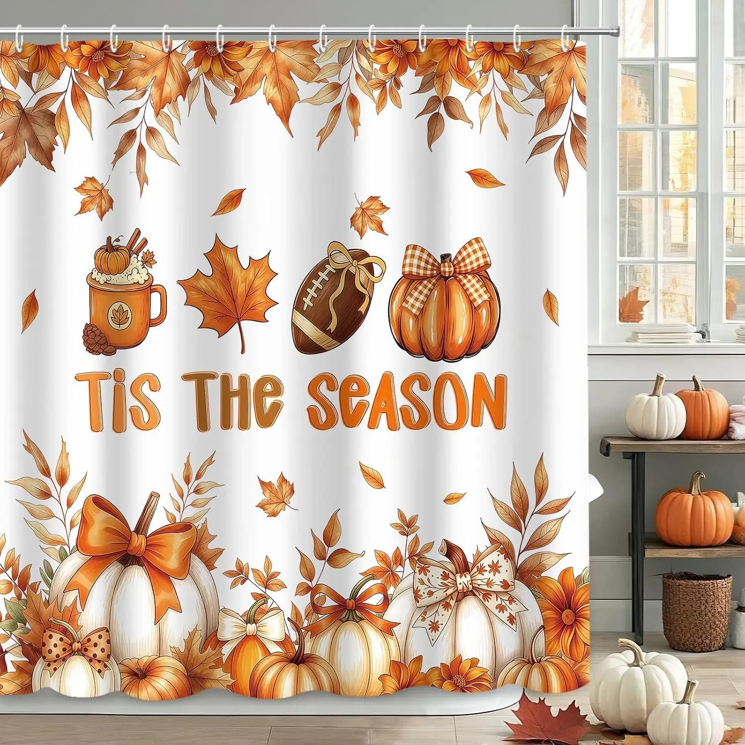 New in 2026 MEHOFOND Fall Pumpkin Shower Curtain, Tis The Season Shower Curtain 72x72in