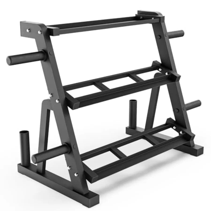 Porta manubri a 3 livelli con 2 supporti per bilancieri e 4 supporti per dischi pesi, nero, con 2 livelli per manubri e 3° livello per K