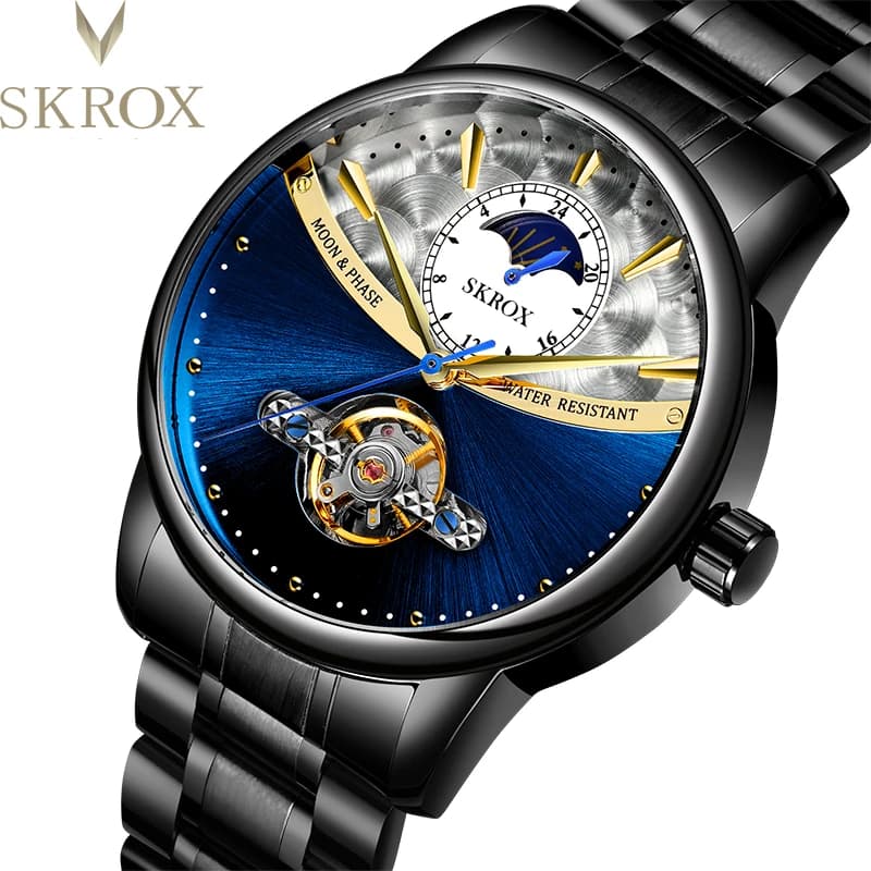 SKROX Orologio da uomo con movimento automatico fasi lunari Orologio da polso meccanico impermeabile da cavaliere Cinturino in acciaio inossidabile Orologio sportivo