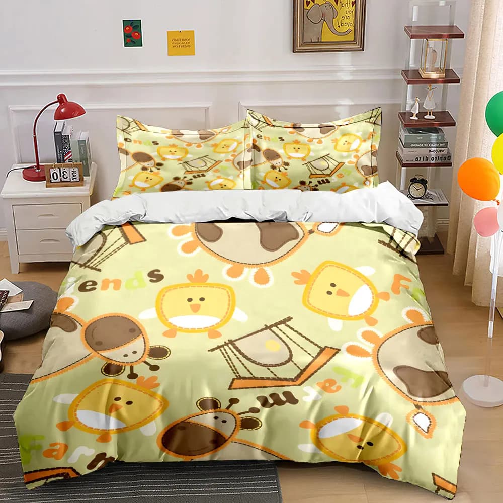 Set di biancheria da letto con stampa di simpatici animali ed elementi agricoli, 1 copripiumino, 2 federe per adulti e bambini, regalo di lusso, misura completa