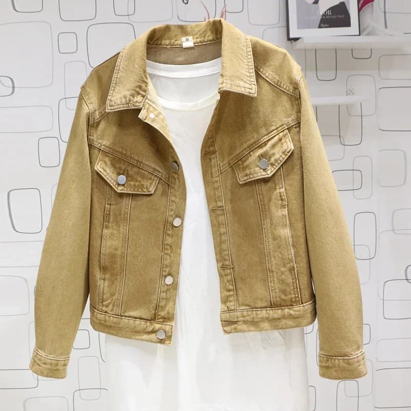 Primavera nuova giacca di jeans corta kaki allentata coreana da donna giacca di jeans monopetto a maniche lunghe con risvolto cappotto basic da studentessa