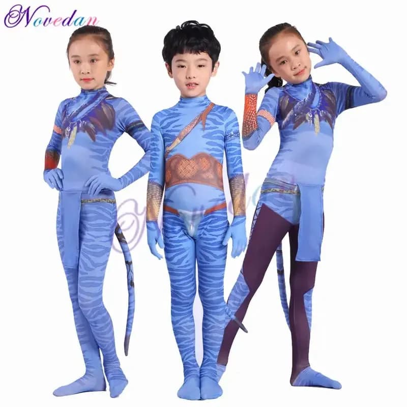 2025 Nuovo Cosplay Ragazze Avatar 2 Neytiri Costumi Coda Vestito Ragazzi Jake Sully Cosplay Zentai Tuta Tuta Bambini Halloween Nascita