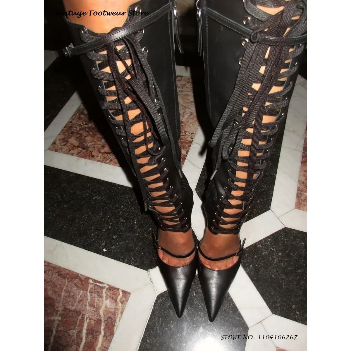 Cross-tied Stiletto Summer Boots Pointed Toe Thin Heels Party Dress Plus Size Shoes Women's Vintage Lace-up Knee-high Boots