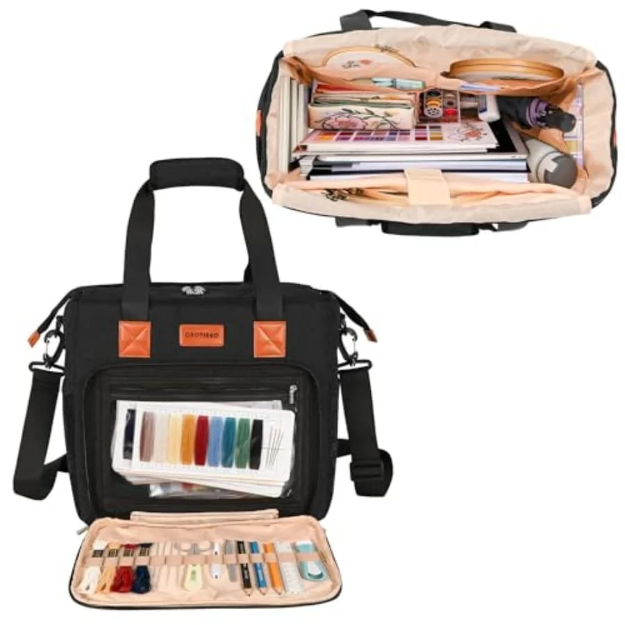 CROTIRAD Embroidery Bag Organizer for Cross Stitch Kits, Cross Stitch Bag for Embroidery Kit, Books, Hoops, Embroidery Project