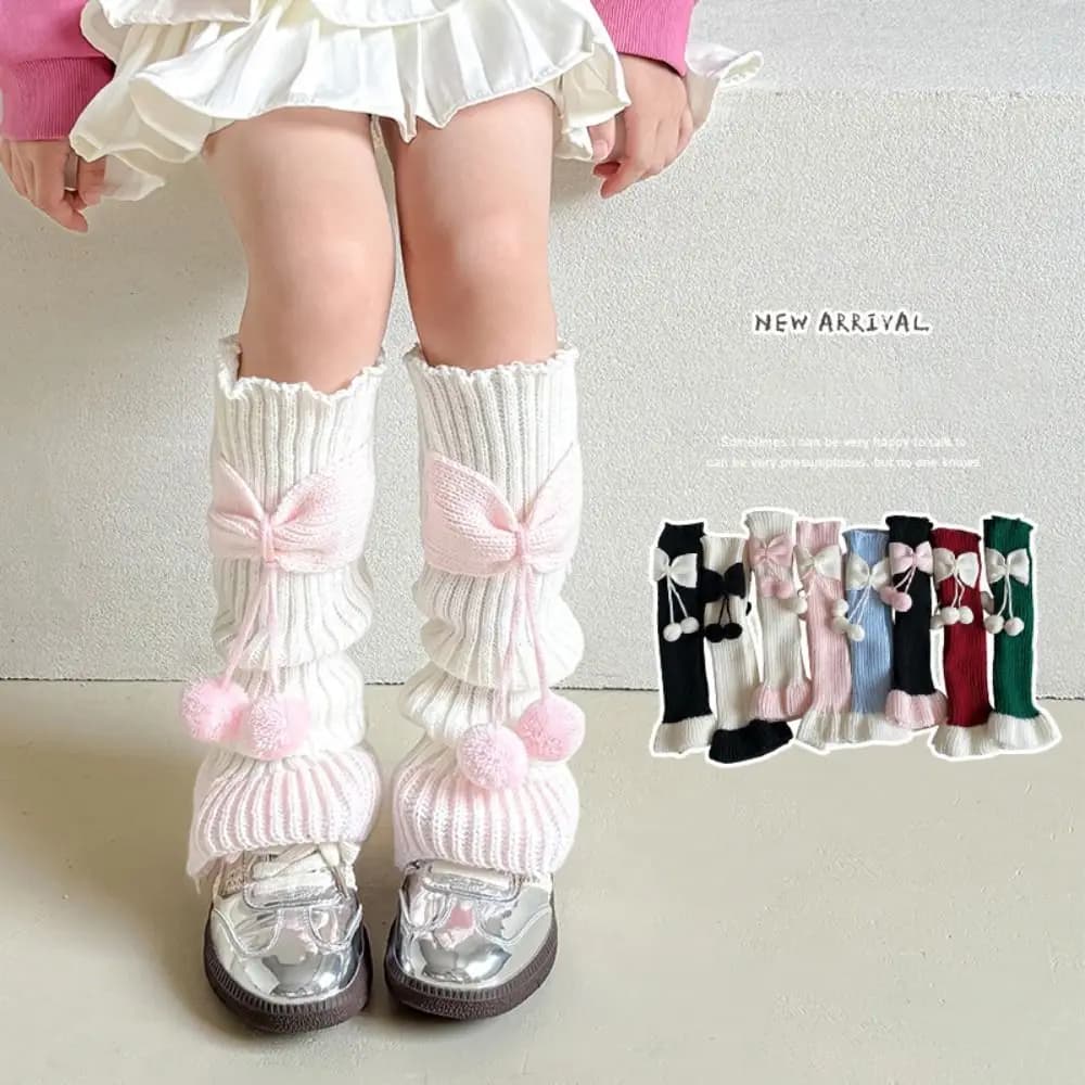 Calzini scaldamuscoli con fiocco Harajuku Ruffles Coprigambe caldo lavorato a maglia Palla di peluche Calzini lunghi per bambini Y2k Ragazze