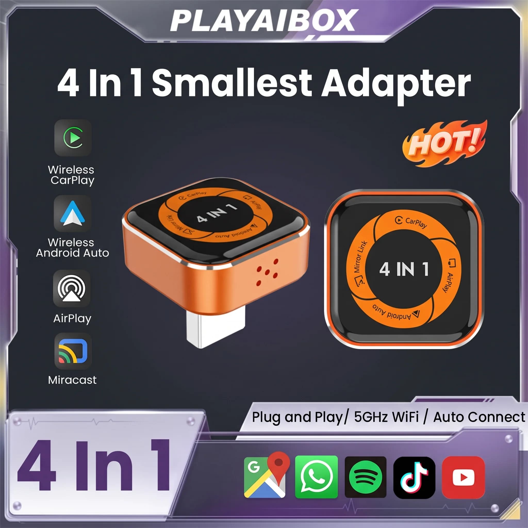 2026 4 in 1 New Upgrade Carplay Adapter Wireless Android Auto Mirror Link Smart MiNi AI Box USB Plug and Play Auto Connect WiFi