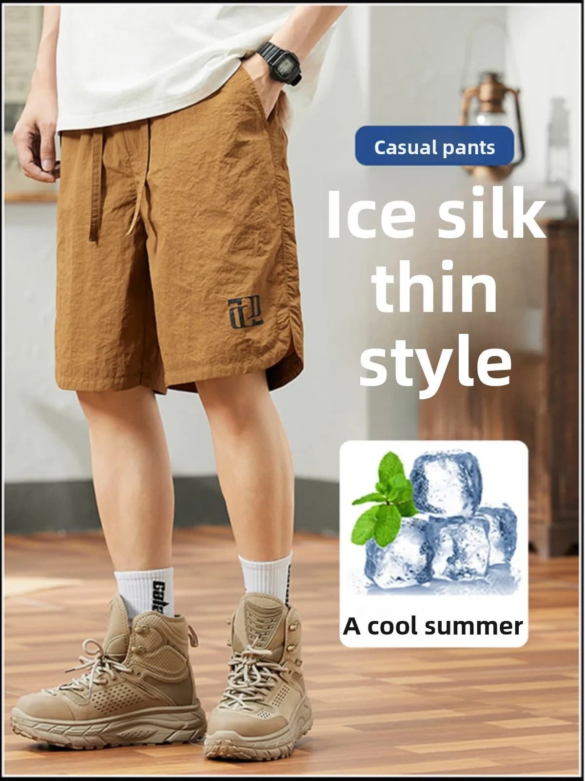 Pantaloncini Casual in Seta Ghiaccio da Uomo, Estivi Sottili e Larghi, Asciugatura Rapida, Sportivi, Trendy, Stile Americano, Pantaloni a Tre Quarti