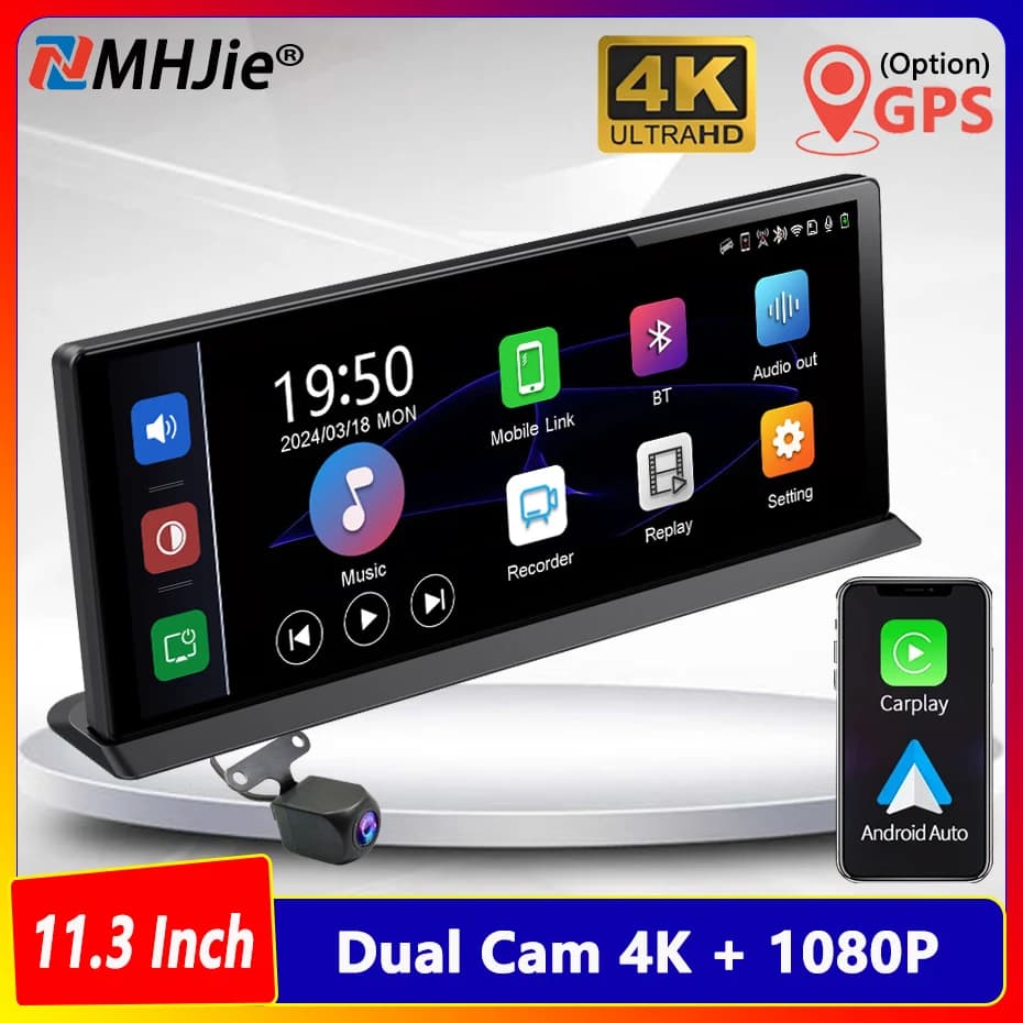 Dash Cam per Auto 11.3 Pollici 4K 2160P con Carplay, Android Auto, GPS, WIFI, BT, Specchietto Retrovisore con Telecamera Posteriore, Registratore di Guida