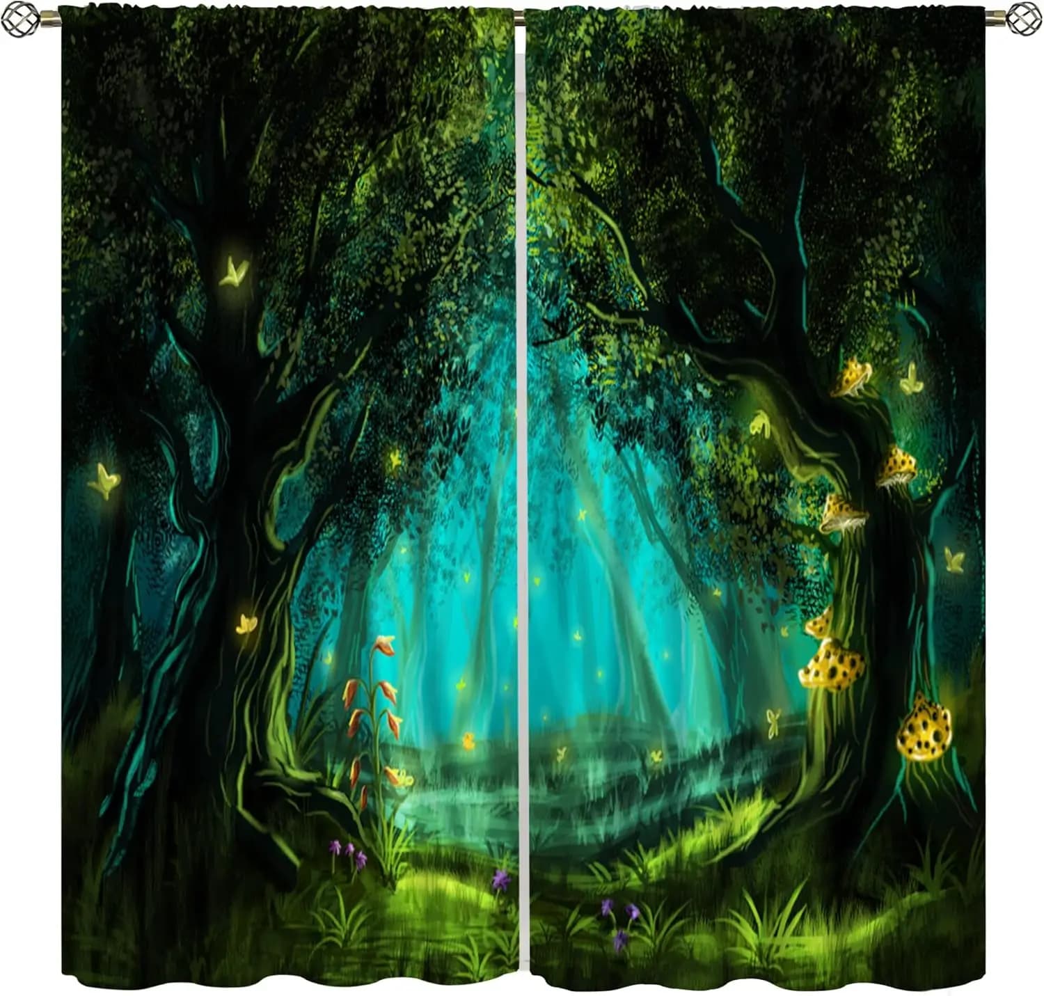 Tende Fantasia Foresta con Stampa di Lucciole e Funghi per Cameretta Bambini e Decorazione Finestre