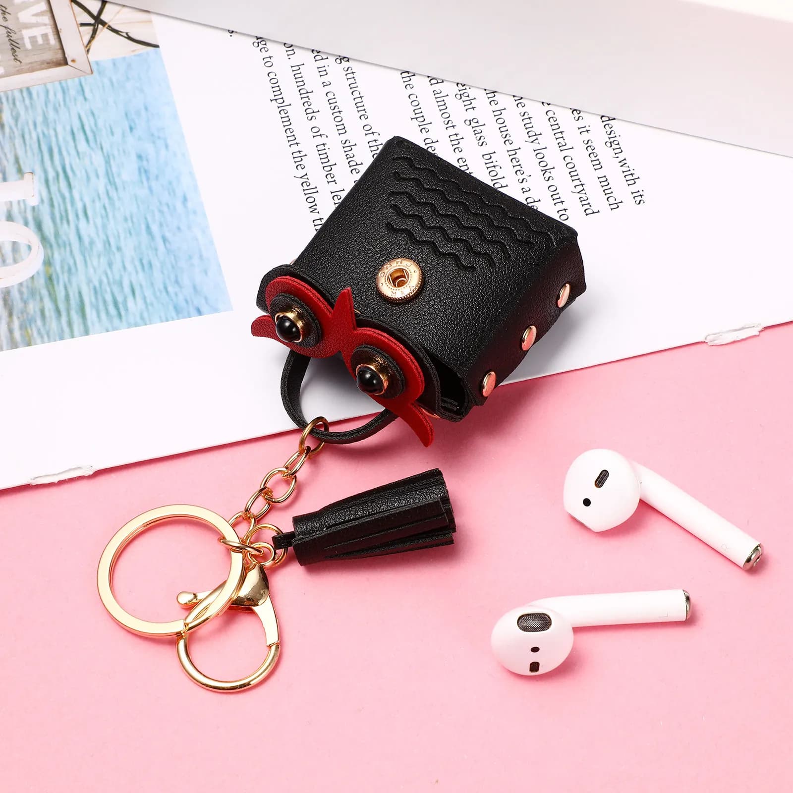 Custodia per auricolari Owl in PU, custodia compatta con portachiavi per auricolari wireless, cuffie e piccoli accessori