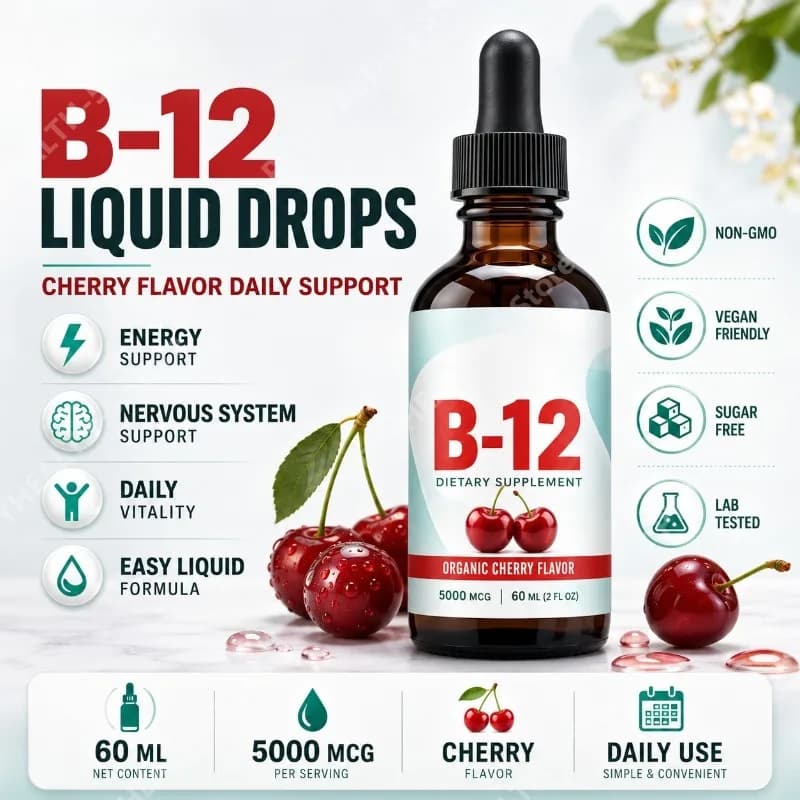Vitamina B12 Liquida Sublinguale 5000mcg Metilcobalamina Gusto Ciliegia Vegana Senza Zucchero Non OGM Integratore per il Benessere 60ml