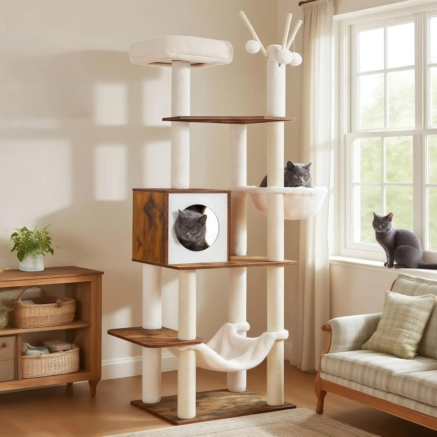 Mobili per Gatti da Interno in Legno, Marrone Rustico, Torre Moderna con Amache e Giocattoli, Tiragraffi e Cuccia per Gatti