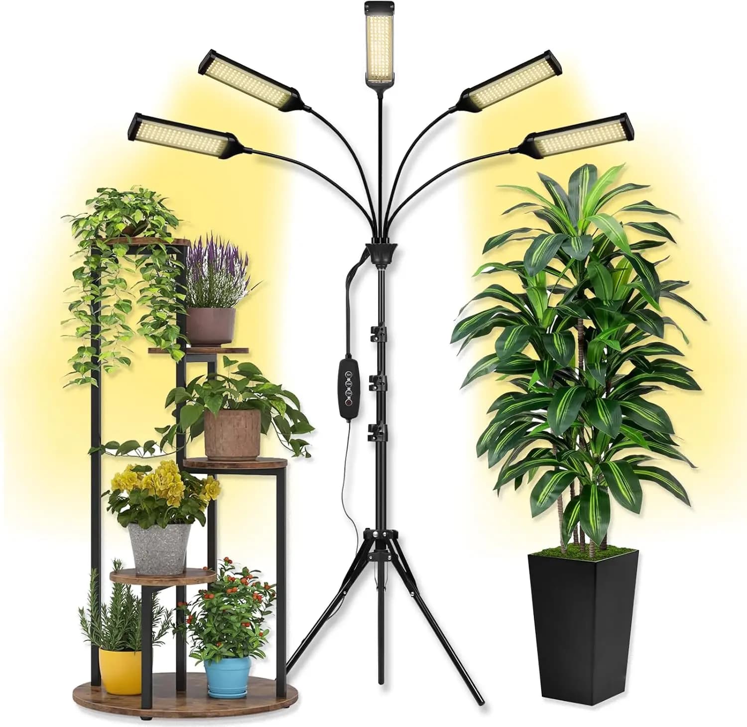 Full spectrum LED growing lamp with timer, 5 adjustable heads and tripod support for indoor plants