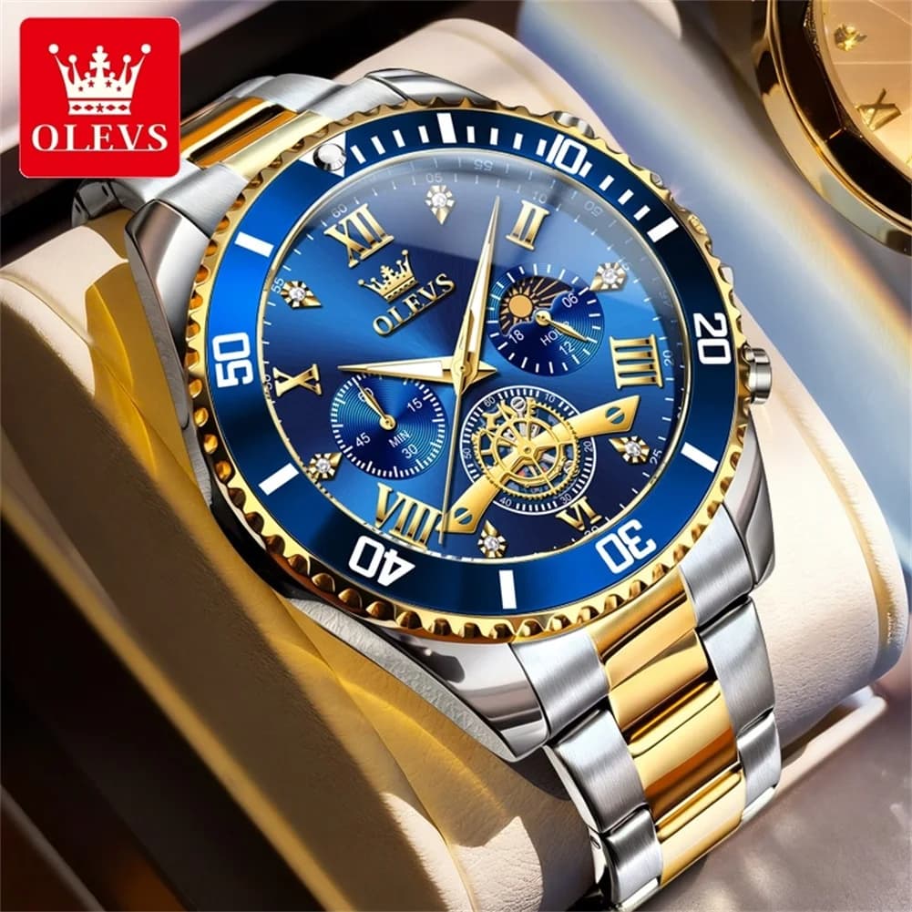 Luxury OLEVS Quartz Gold Metal Band Watch Sun Moon Phase Tourbillon Window Luminous Waterproof Male Dress Sport Watch
