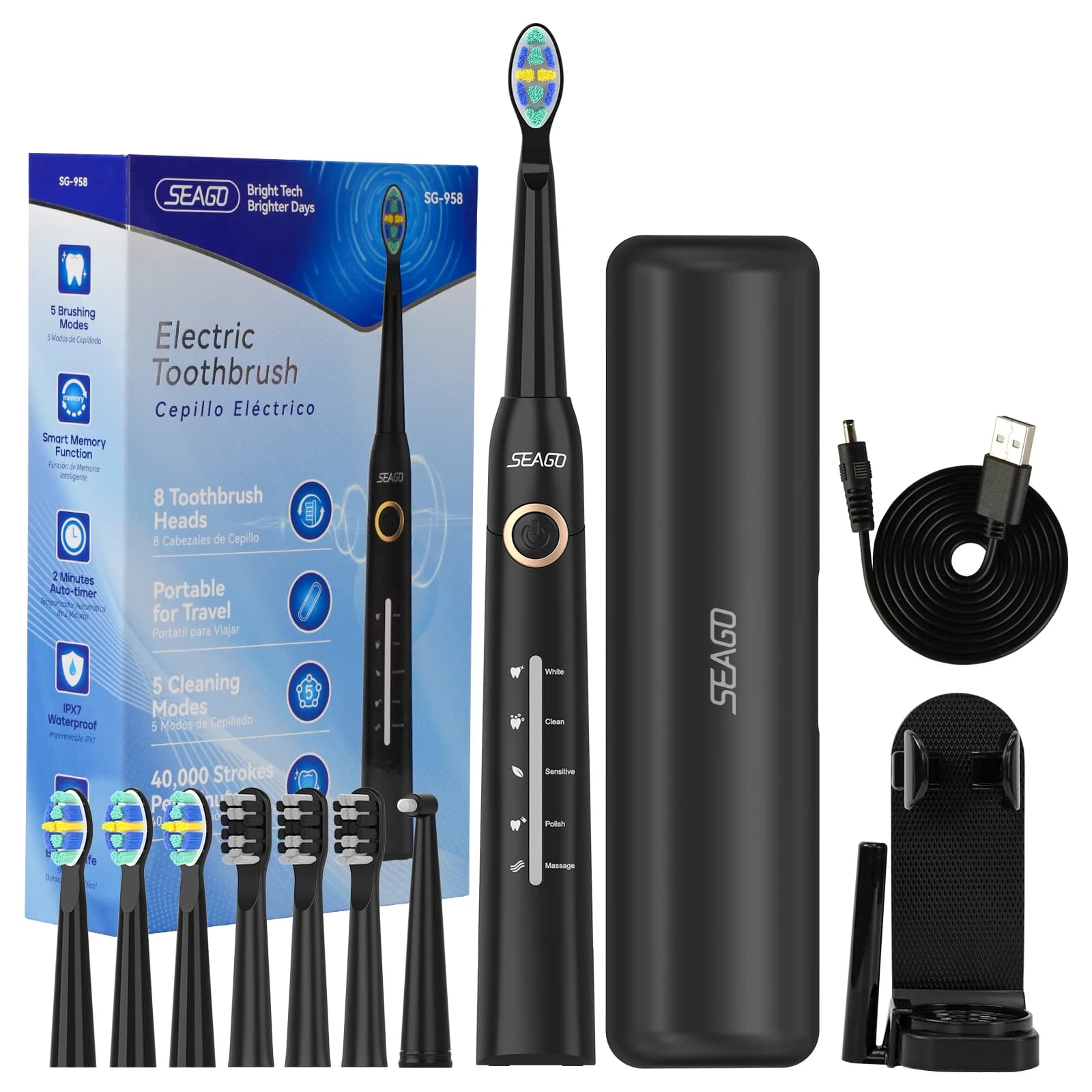 Electric toothbrush Seago for adults 5 modes Smart Timer Waterproof with 8 brush heads Rechargeable Tooth cleaning SG-958F