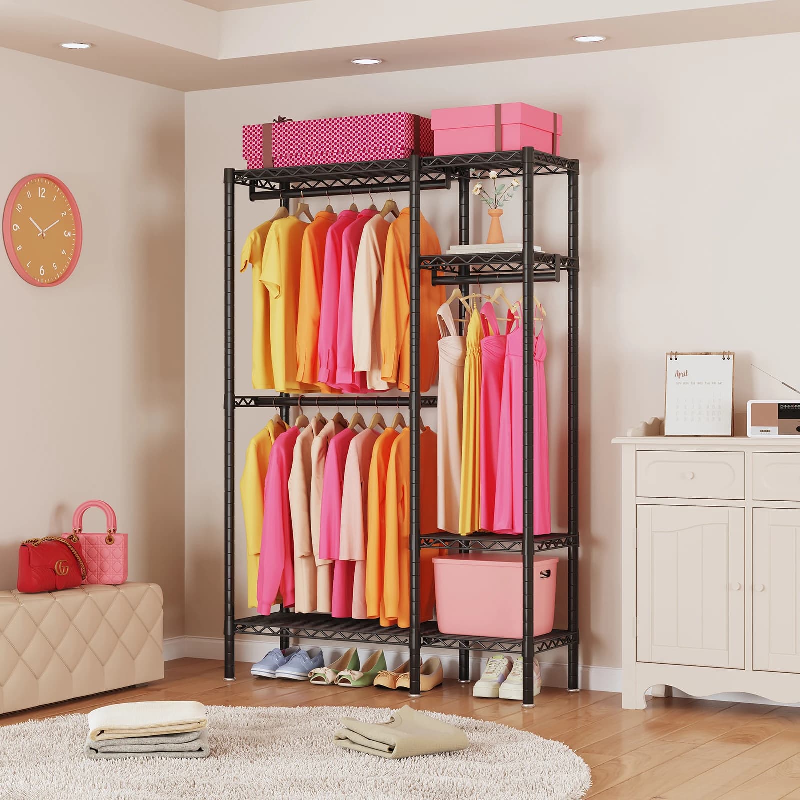 Black Freestanding Garment Rack 780LBS, 4-Tier 6 Metal Shelf Wardrobe, Portable Closet Organizer for Small Space & Gifting
