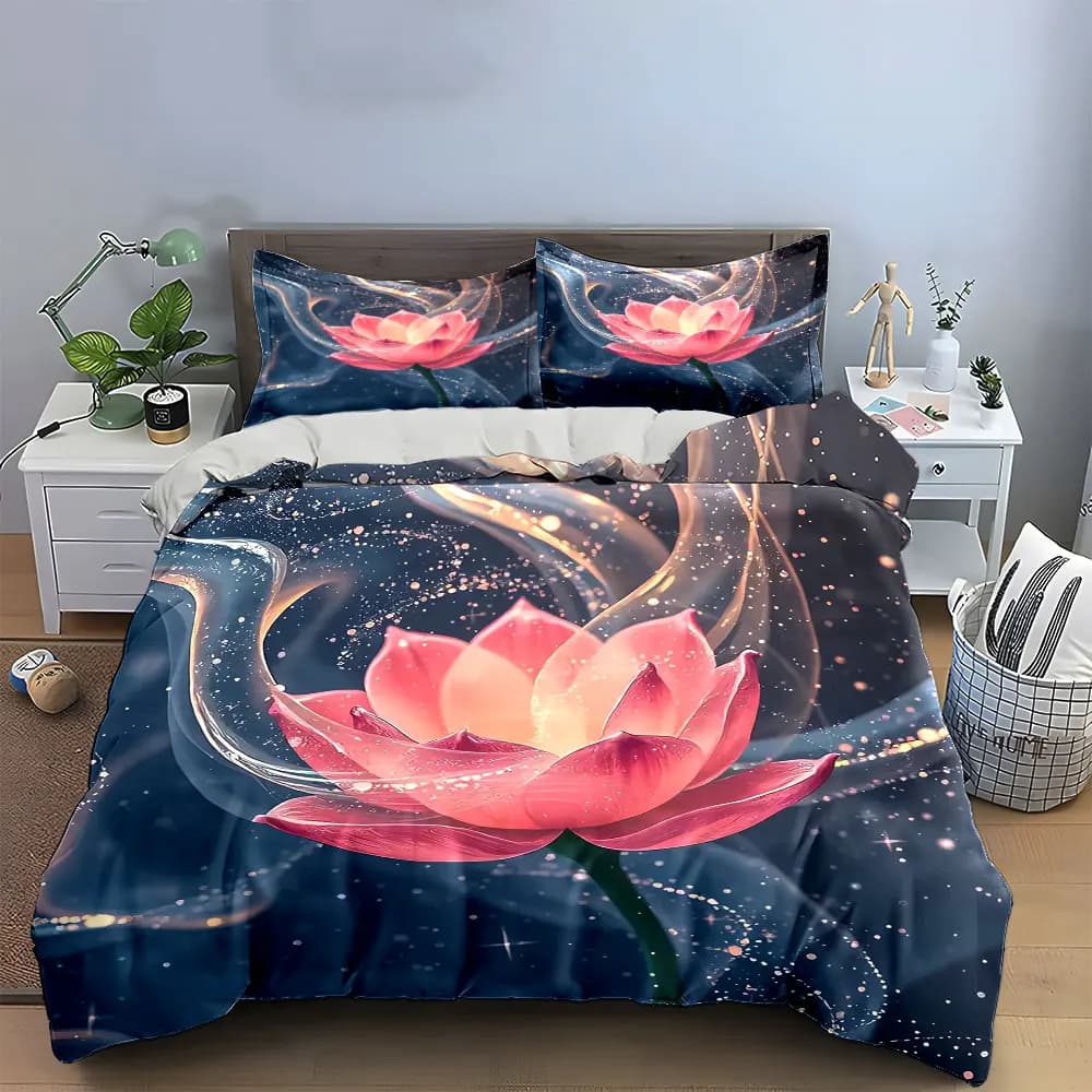 Set decorativo con fiori di loto, set di biancheria da letto Home Art con 1 copripiumino, 2 federe, singolo, matrimoniale, king, queen, regalo