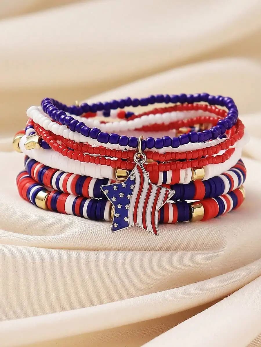 Set di 6 braccialetti con ciondolo a forma di stella della bandiera americana per donna, casual, per feste e vacanze