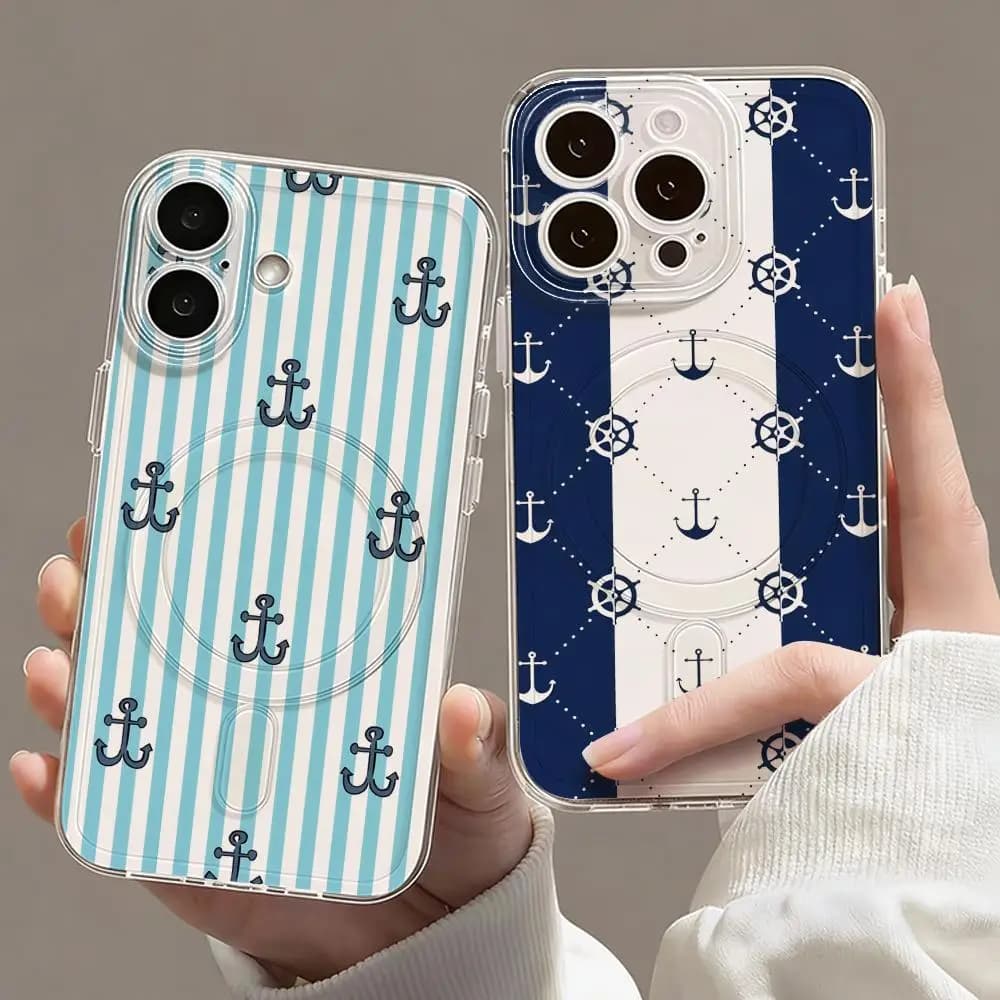 Anchor Boat Navy Blue Stripes Phone Case Magnetic Clear Case For IPhone 17 16 15 14 13 12 Pro Max Plus Slim Wireless Cover