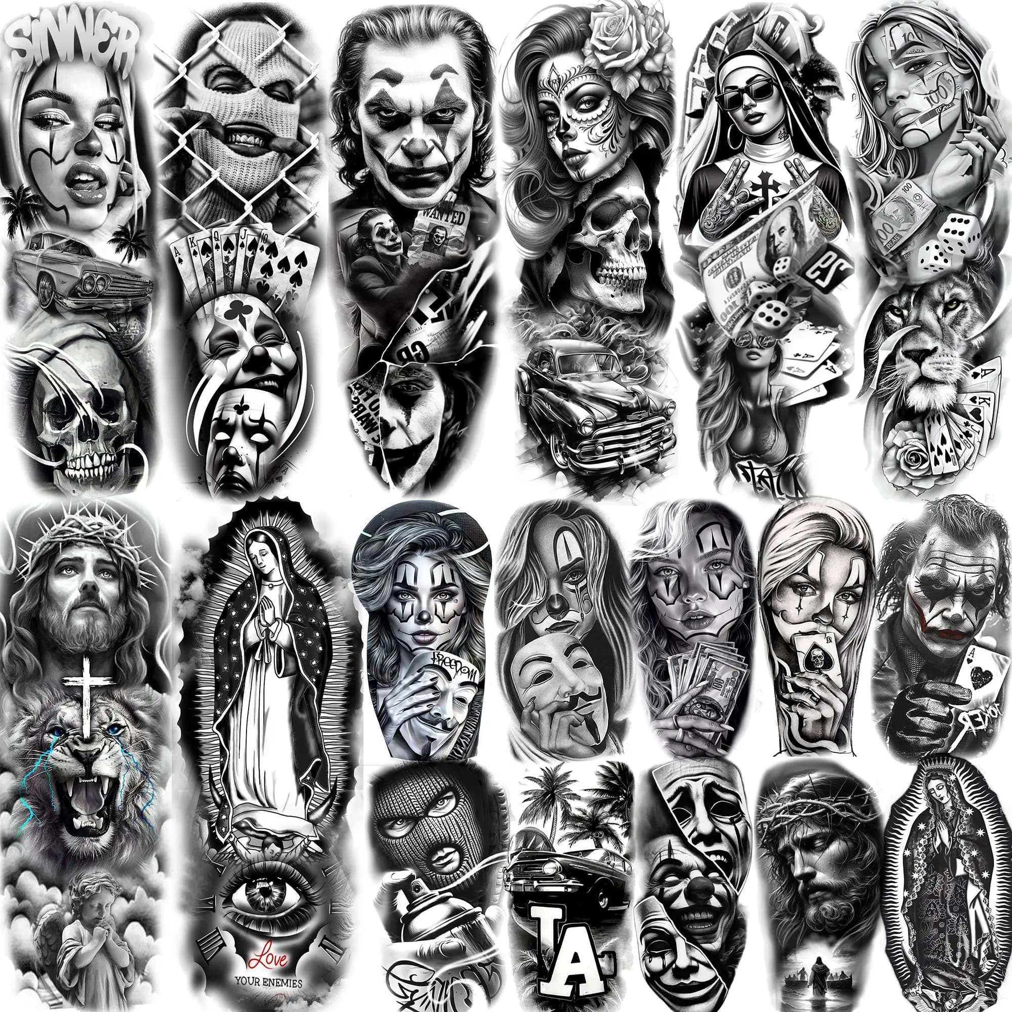 1 Sheet Full Arm Chichano Gangster Temporary Tattoos Sleeve Rebellious Nun Girls Design Arm Tatoo Waterproof Fake Tattoo Sticker