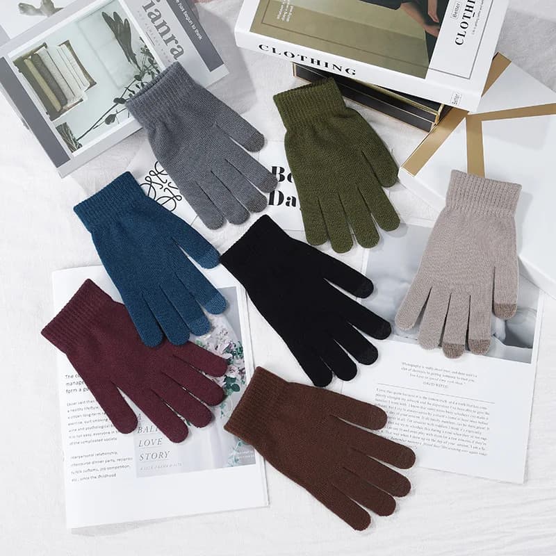 1 pair of warm knitted solid-colored gloves with whole fingers thickened, unisex, suitable for outdoor cycling in autumn and winter