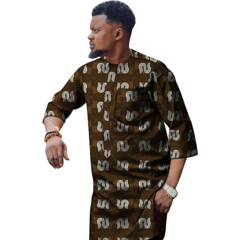 Camicia da uomo di moda nigeriana manica 3/4 Ankara top Design su misura realizzato per la festa nuziale africana maschile