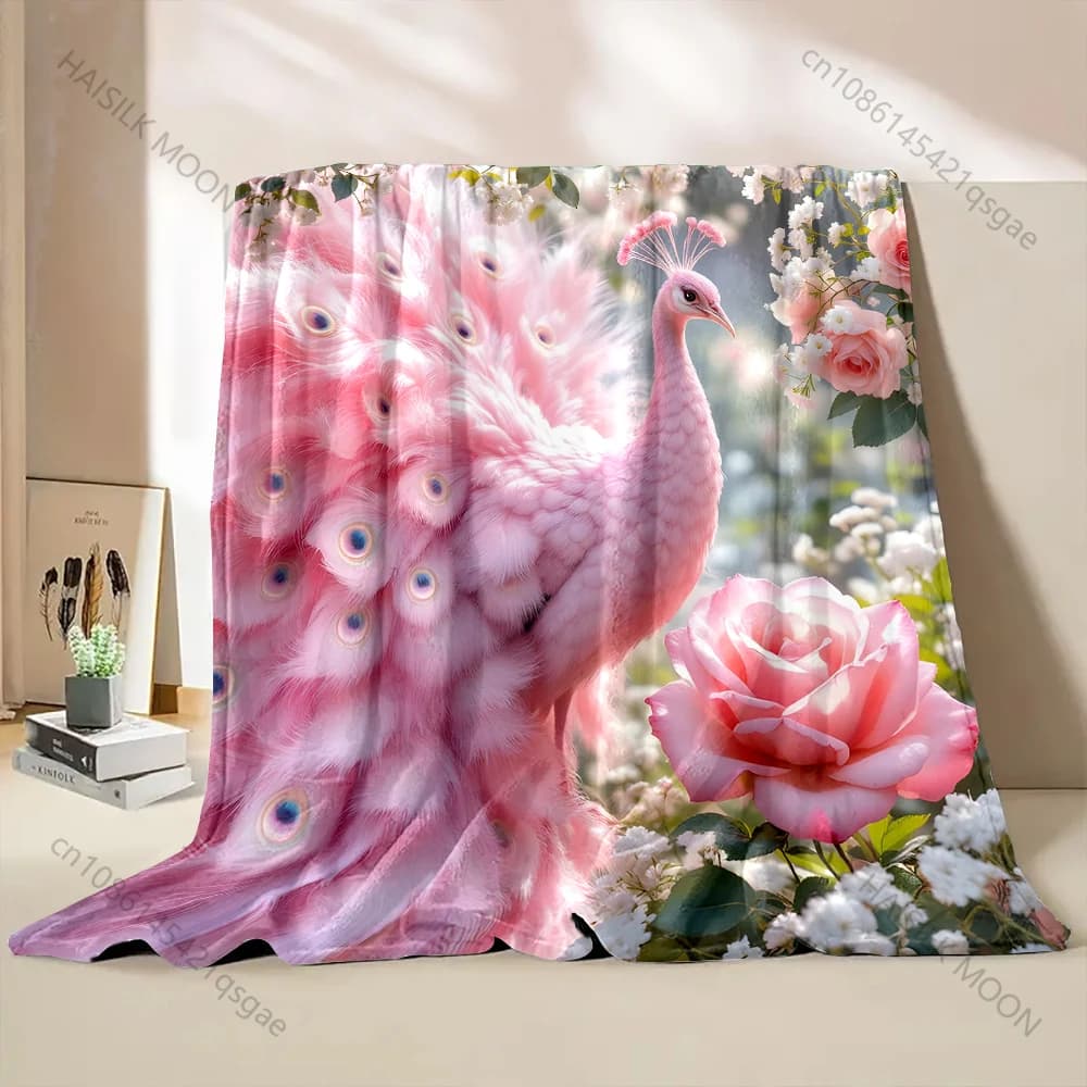 Coperta in flanella con motivo piume di pavone rosa, morbida e calda per tutte le stagioni, campeggio all'aperto, picnic, camper