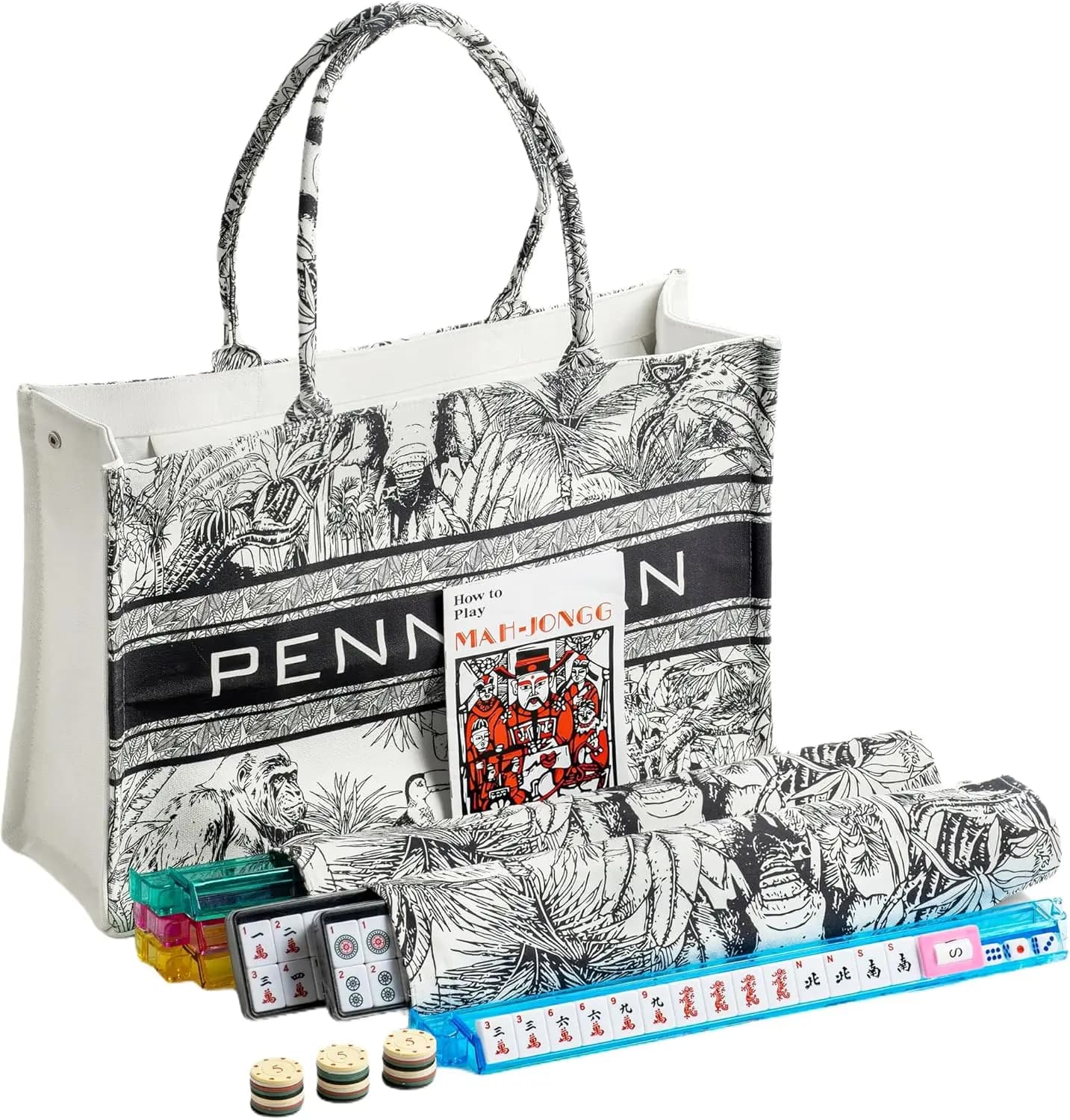 Set Mahjong Premium con 166 Tessere Antigraffio, 4 Supporti e Spingitori, Fiches per il Punteggio, Borsa in Tela per Viaggi e Regali