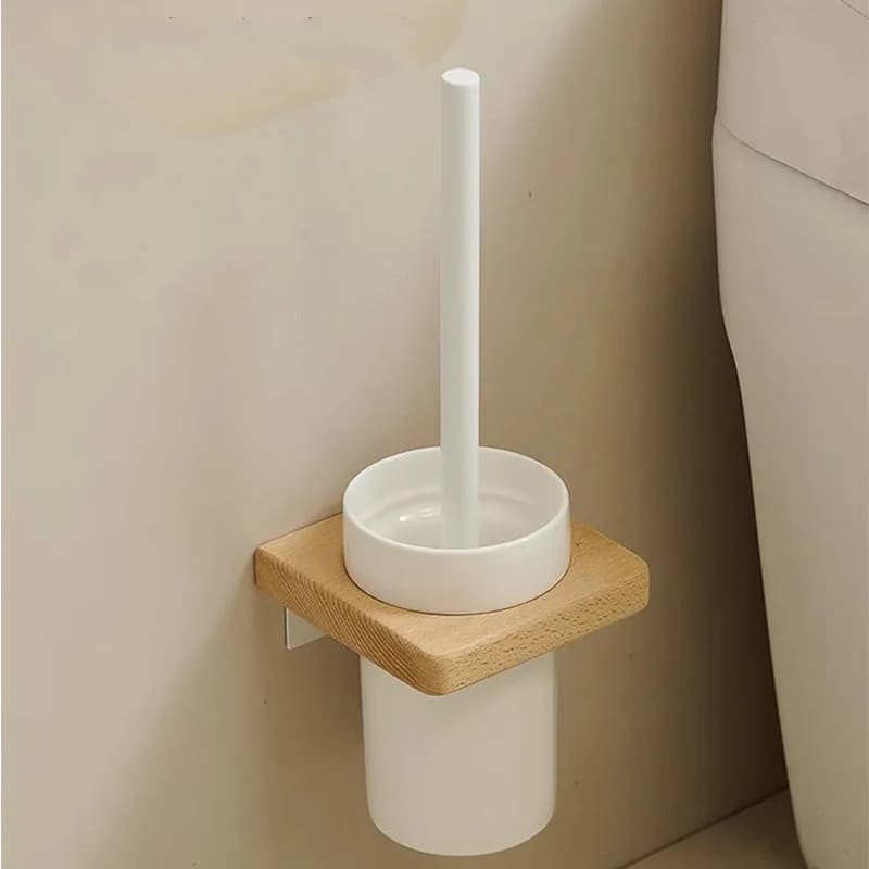 Wall Mount Toilet Brush Holder with Beech Wood Base, Ceramic Hollow Drain Cup Bathroom Toilet Cleaning Brush Set for Restroom