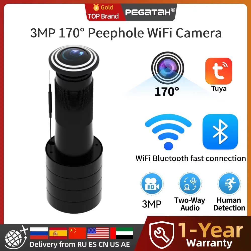 PEGATAH Videocamera WiFi HD 3MP 170° ° Telecamera Grandangolare con Rilevamento Umano, Audio e Visione Notturna, Spioncino Video Wireless Cat-eye con App Tuya