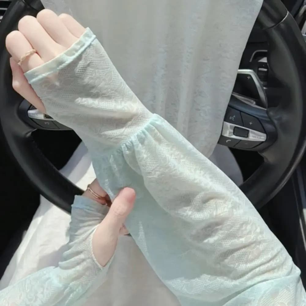 Maniche Elastiche Sottili in Pizzo di Seta Ghiaccio Anti-UV Protezione Solare Copribraccia Guanti da Ciclismo a Maniche Lunghe Estivi