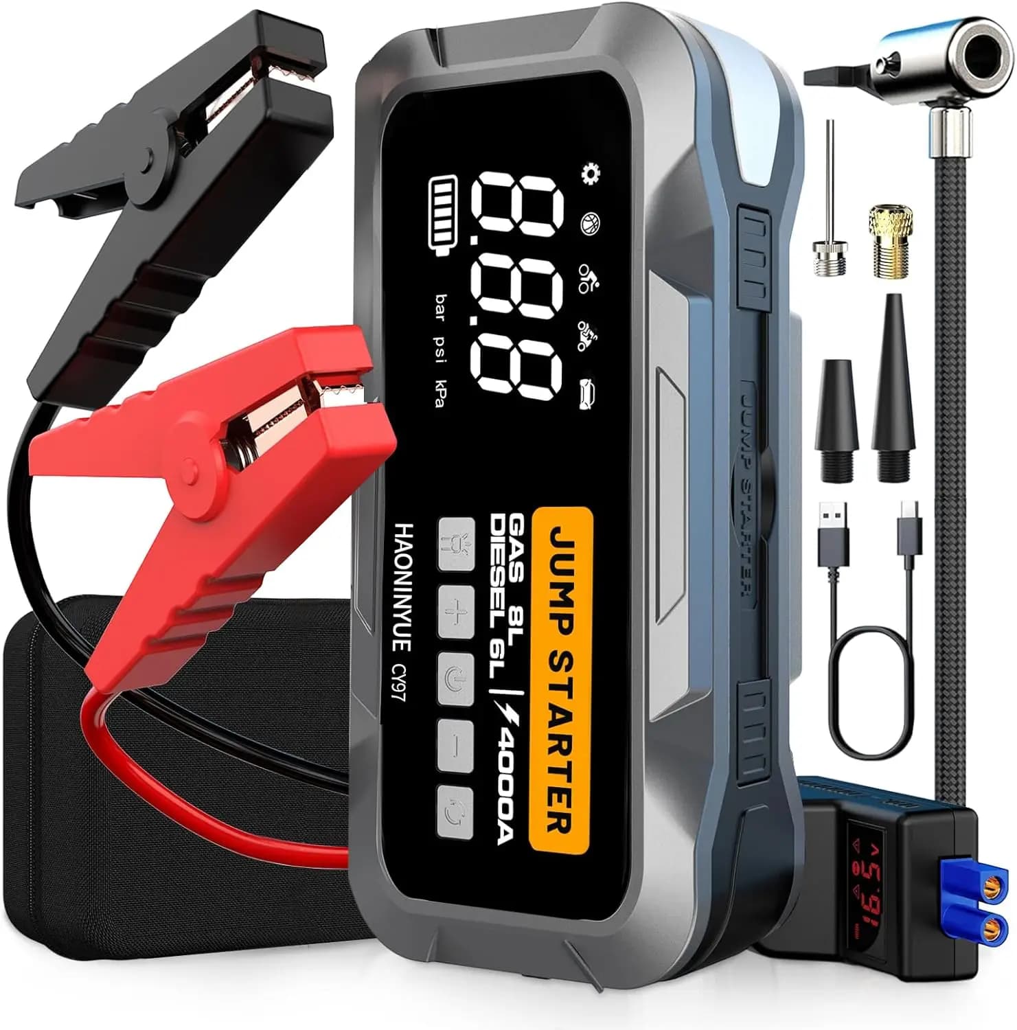 Avviatore portatile per auto con compressore d'aria, batteria da 12000 mAh, 150 PSI per motori a gas/iesel, luci a LED e cavi