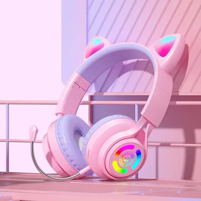 Cuffie con illuminazione RGB per PC Computer iPad Cuffie da gioco con orecchie di gatto Cuffie con riduzione del rumore con microfono Regalo per bambini