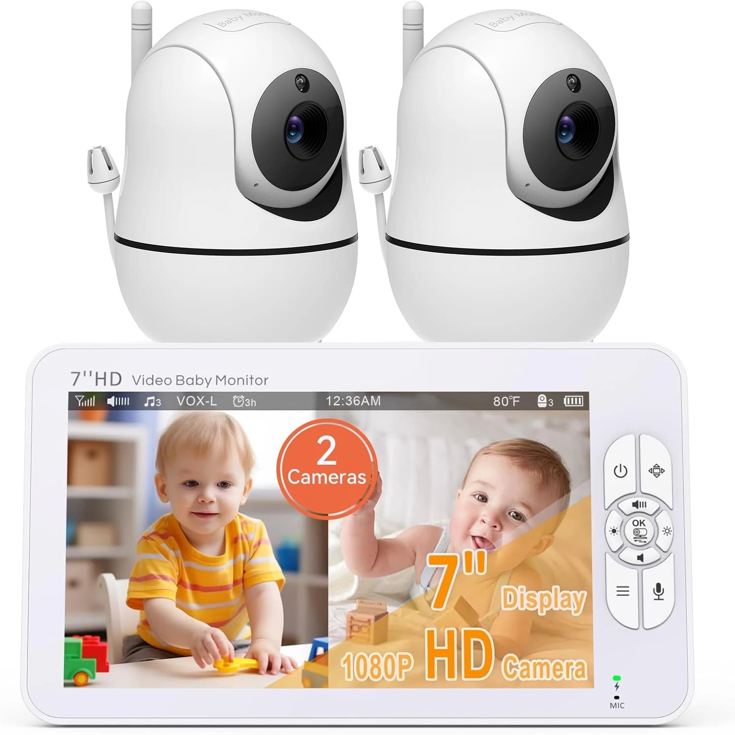 Baby monitor con schermo da 7" con 2 telecamere e audio Telecamera PTZ per bambini Nessuna visione notturna WiFi Sensore di temperatura conversazione bidirezionale e ninne nanne
