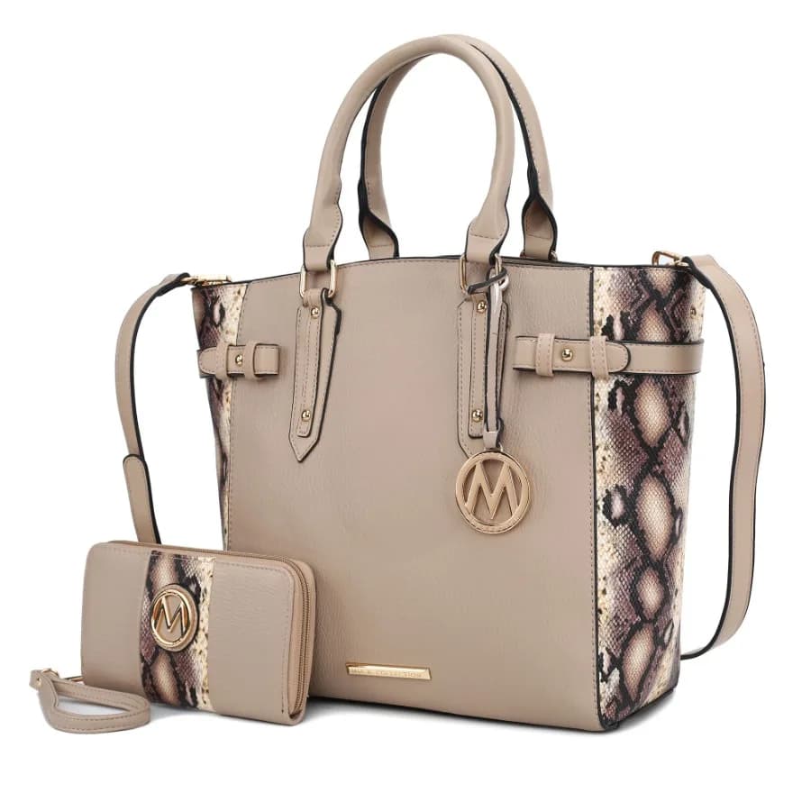 Borsa tote da donna MKF Collection Joelle con stampa effetto serpente e portafoglio coordinato in marrone per l'uso quotidiano