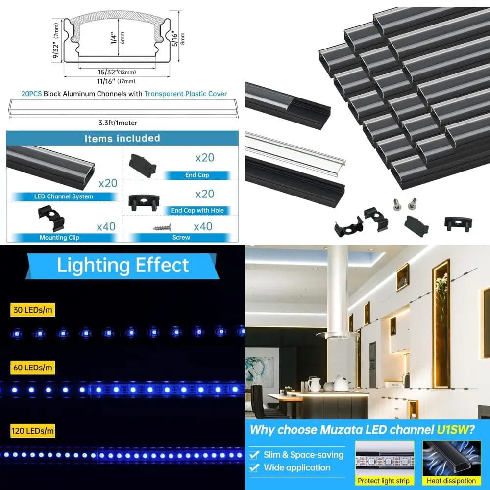 1 meter black aluminum U-shaped LED strip channel with transparent cover for easy installation