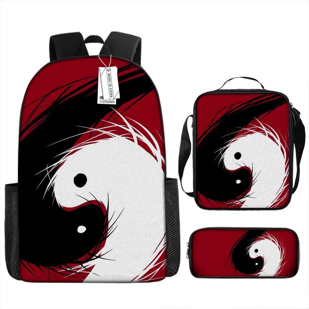Zaino scolastico di lusso, divertente e popolare, con stampa 3D Tai Chi Yin Yang, set da 3 pezzi: zaino per laptop, borsa per il pranzo e astuccio.