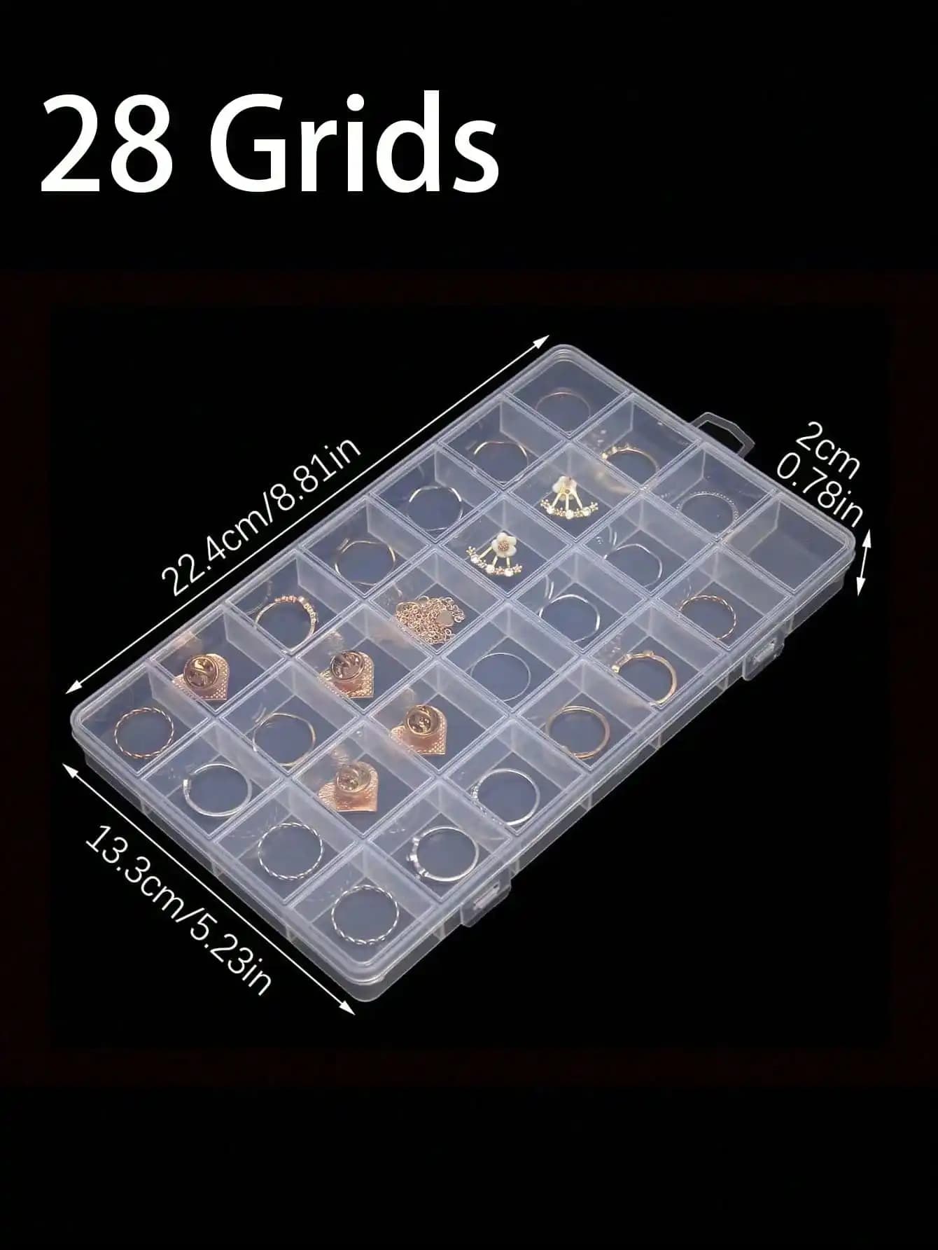 Scatola portaoggetti in plastica trasparente con 28 scomparti per orecchini, anelli, accessori per nail art