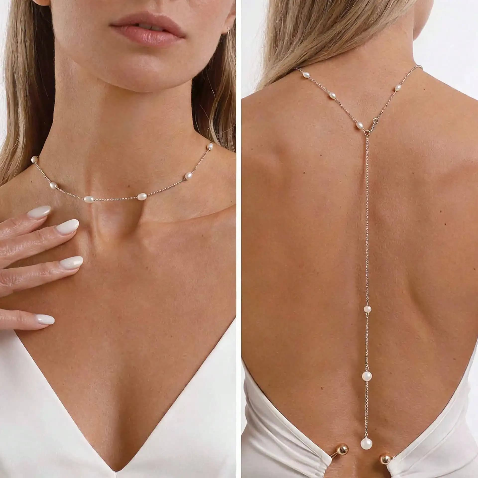 Collana da donna con perle, lunga catena a nappa per la schiena, girocollo da sposa, catena posteriore minimalista ed elegante, gioiello da festa, regalo