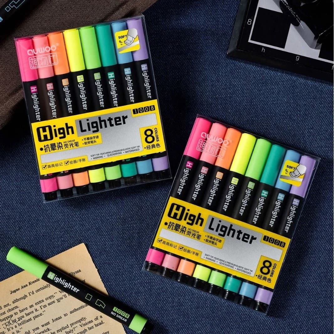 8pcs Bright Color Anti-Blotting Fluorescent Pens Set Soft Tip Non-Smudging Comfortable Grip for Students Daily Notebook Use