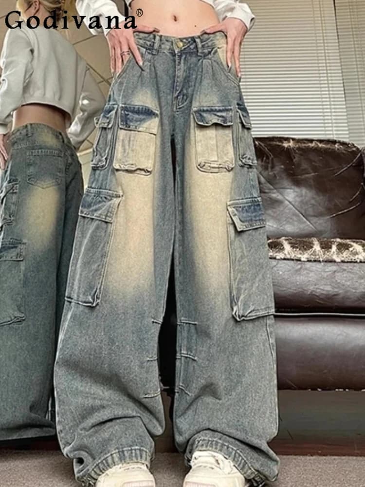 2XL-6XL Jeans da donna autunno di grandi dimensioni americani High Street a gamba larga Retro blu pantaloni dritti coreani versatili alla moda allentati