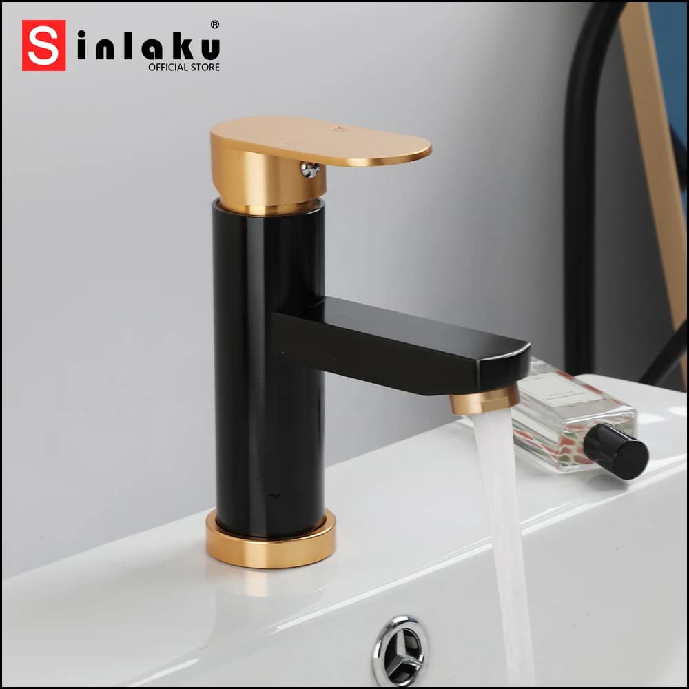 SINLAKU rubinetto per lavabo da bagno manico dorato con beccuccio per flusso montato su decalcomania nero miscelatore monocomando rubinetto