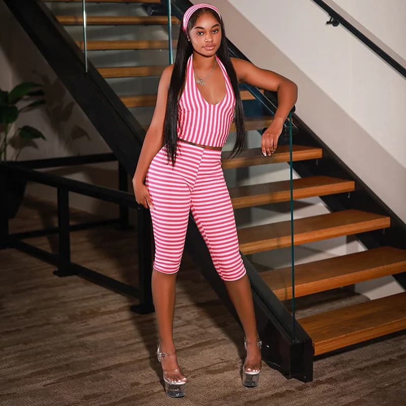 Stripes Print Ribbed 3 Piece Set Headband Women Sexy V Neck Halter Backless Tanks Top + Skinny Calf Length Pants Casual Suits