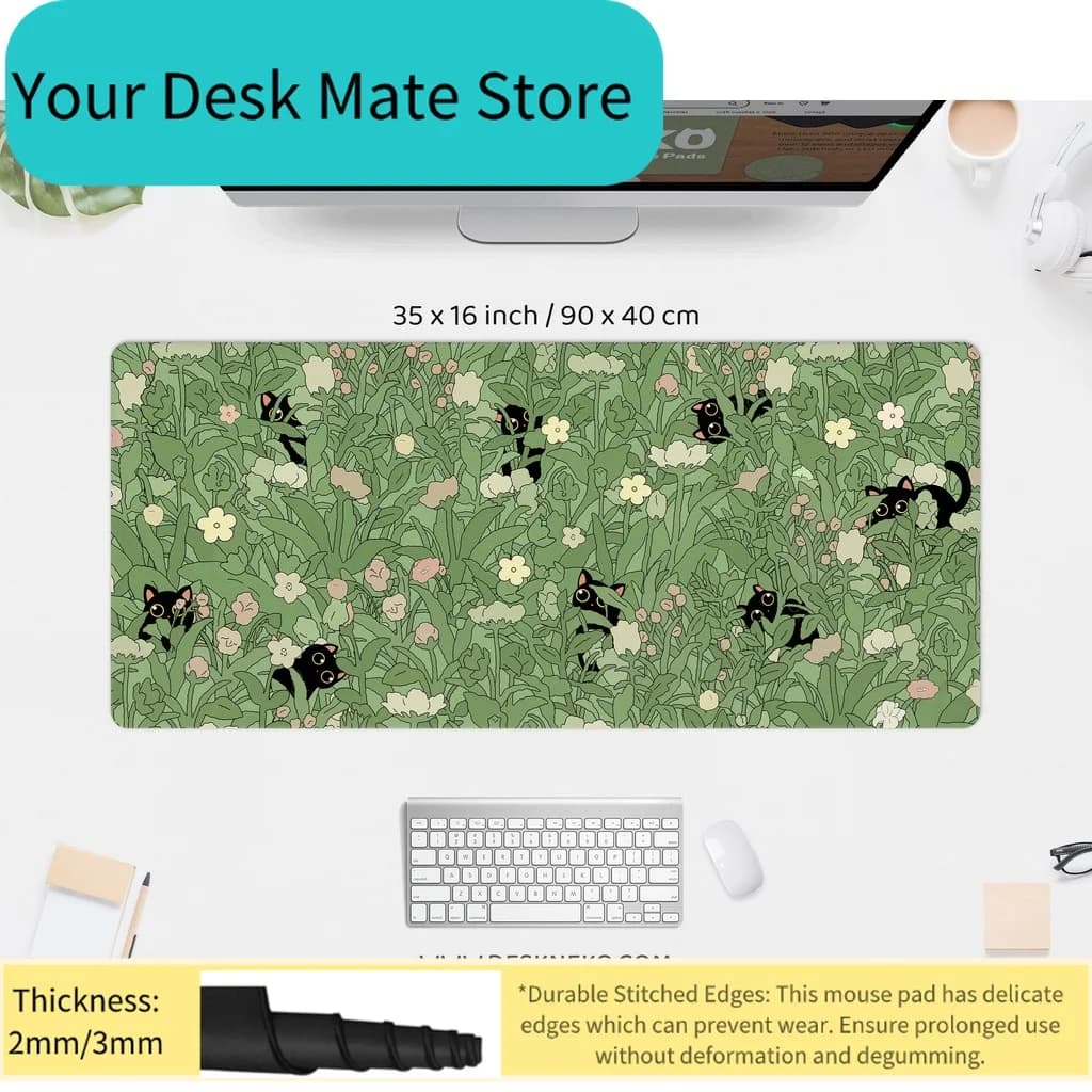 Tappetino da scrivania con gatti carini, verde, tappetino per mouse grande con piante Kawaii, gattini neri che spiancano, fiori, erba, salvia, poggiapolsi XXL XL per scrivania gaming