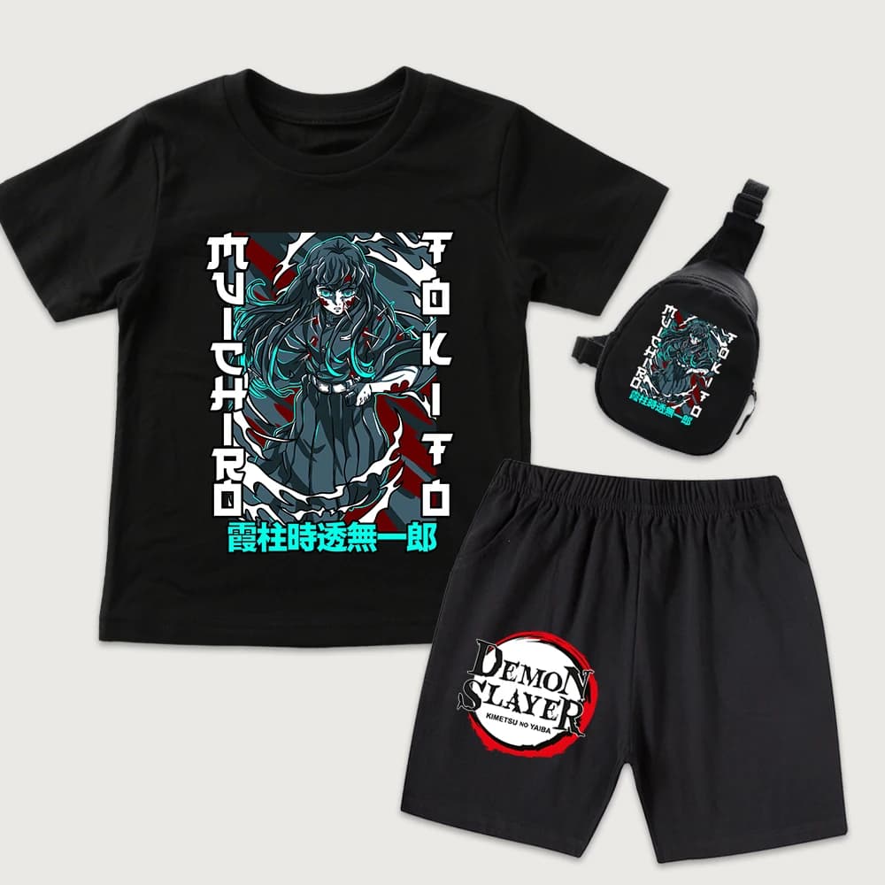 Demon Slayer Muichiro Tokito Anime Print Kids Cotton T Shirt And Shorts Mini Chest Bag 3 Piece Set Boys Girls Summer Outfits