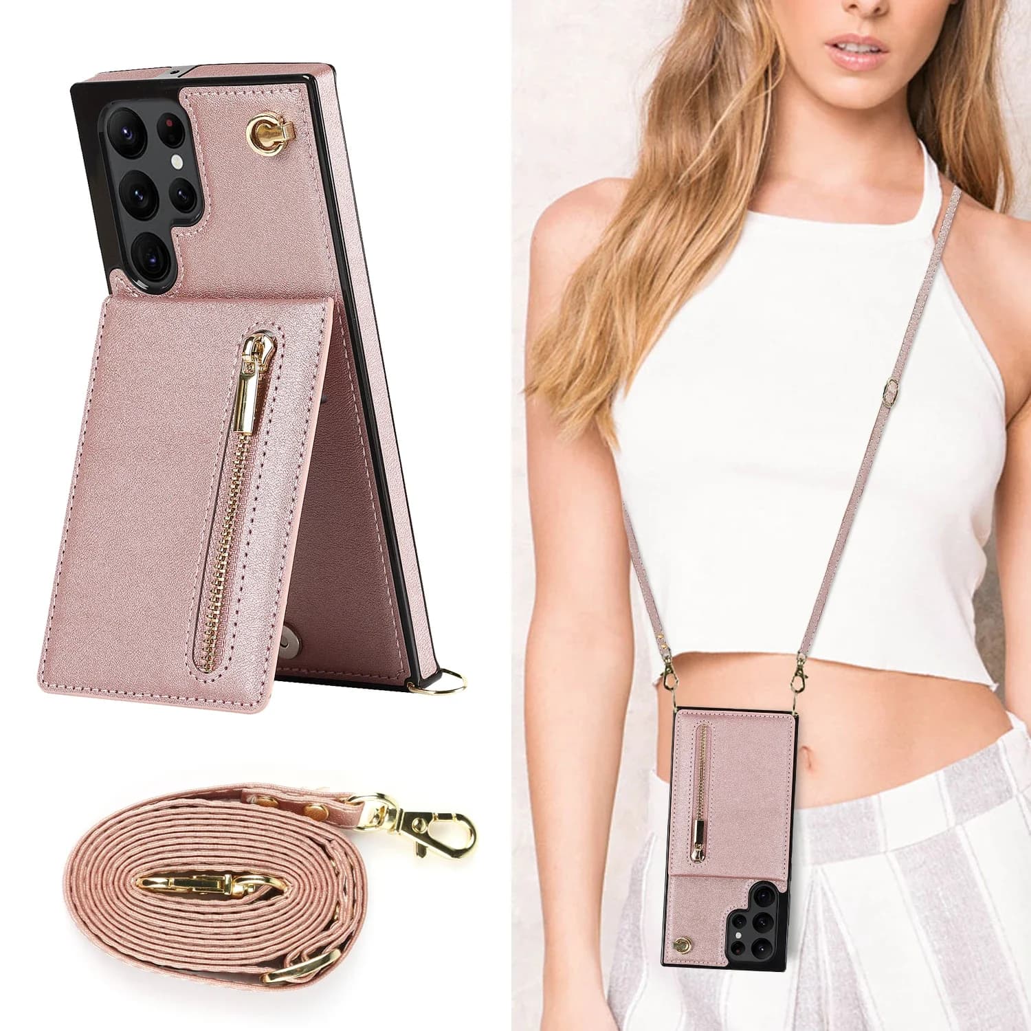 Portafoglio con cerniera Custodia con cordino a tracolla per Samsung Galaxy S24 S25 Ultra S22 S21 Note20 S20 S23 Plus 5G Cavalletto Carte Solt Cover