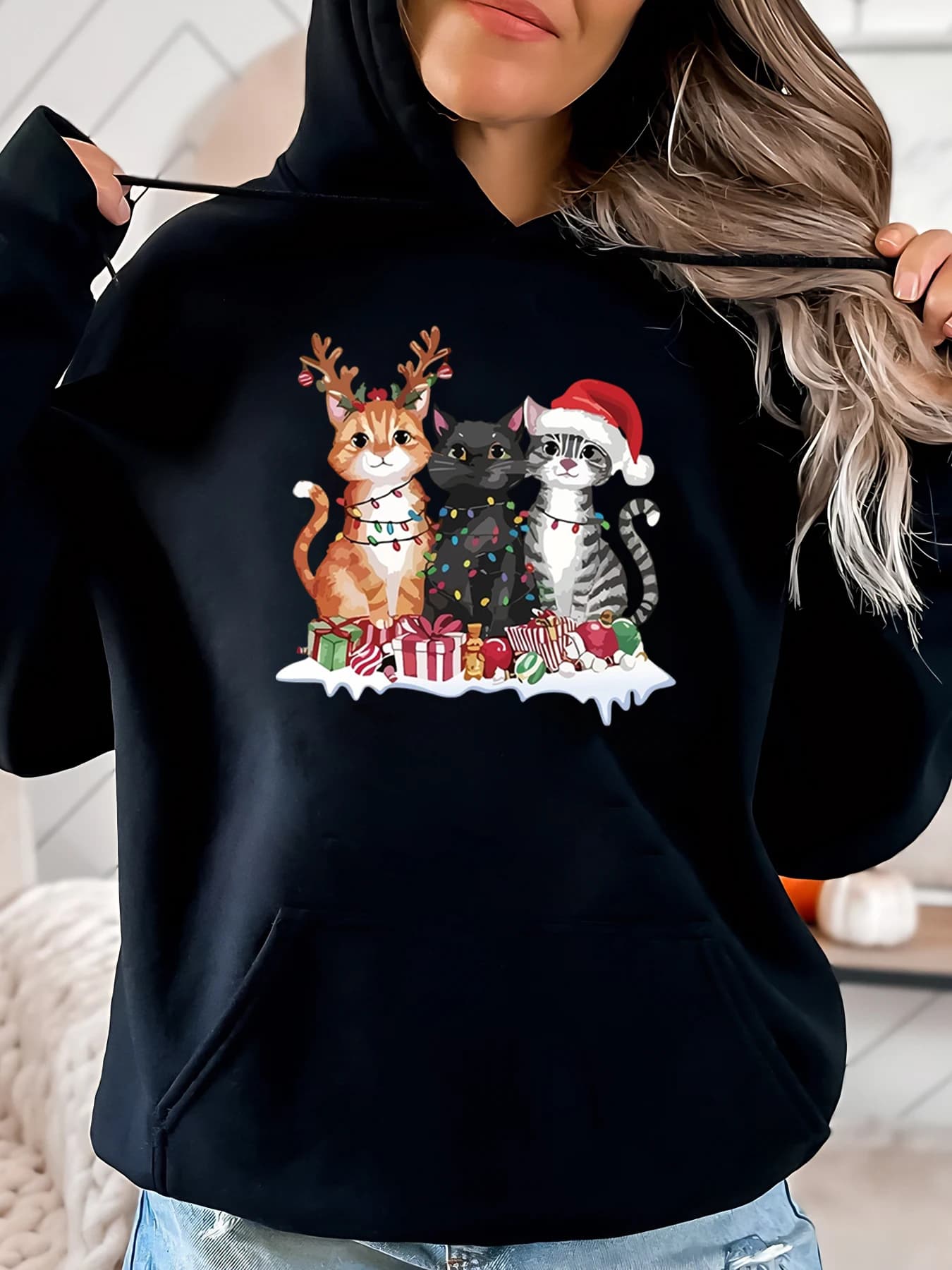 Gatti di Natale con regali e luci Stampa Felpa con cappuccio natalizia Donna Abbigliamento invernale casual Nero Taglie forti