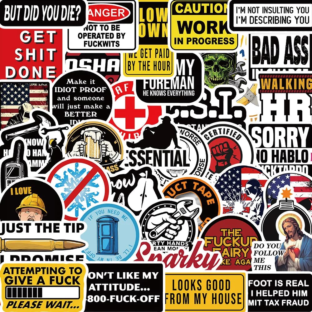50 pz divertente cappello di sicurezza 2 adesivi Slogan avvertire giocattoli dei cartoni animati decalcomanie fai da te Notebook frigorifero casco impermeabile Graffiti regali