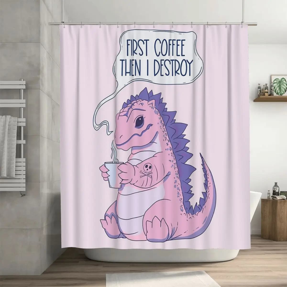 First Coffee Then I Destroy Tenda da doccia in poliestere impermeabile per bagno con ganci