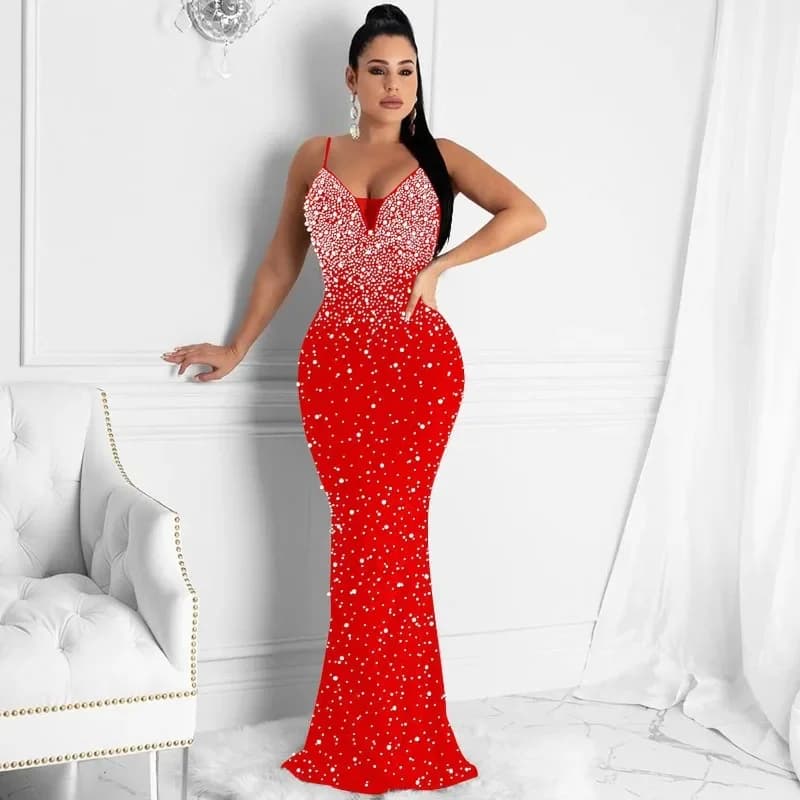 Elegant Crystal Rhinestones Pearls Mermaid Maxi Dress Women Wedding Evening Backless Birthday Party Night Club Prom Long Dresses